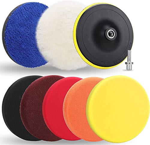 Benavvy 9pcs Polishing Pads Kit, 7 Inches Large Size Buffing Pads, Car Foam Buffing Sponge Pads Kit with M14 Drill Adapter for Car Care Polisher Boat Waxing Polishing Sealing Glaze