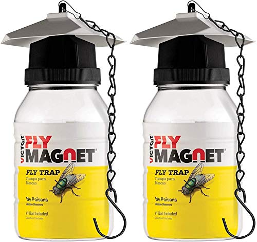Victor M380 [Set of 2] Reusable Outdoor Fly Traps 32 oz - Fly Magnet Bait Trap - Made in USA - Bundled with 2 Bait Refills and 2 Hanging Chains