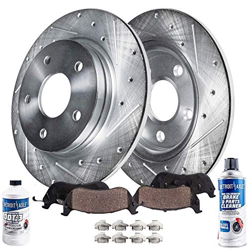 Detroit Axle - Pair (2) Rear Drilled and Slotted Disc Brake Kit Rotors w/Ceramic Pads w/Hardware & Brake Kit Cleaner & Fluid for 2007-2017 Jeep Wrangler