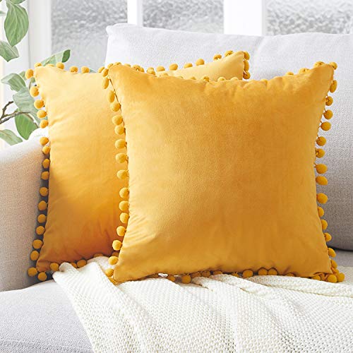 Top Finel Decorative Throw Pillow Covers with Pom Poms Soft Particles Velvet Solid Cushion Covers 18 X 18 for Couch Bedroom Car, Pack of 2, Mustard Yellow