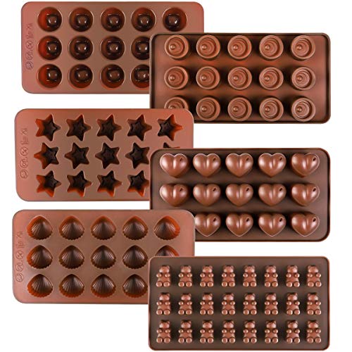 Kootek 6 Pieces Silicone Chocolate Molds, Reusable 90 Cavity Candy Baking Mold Ice Cube Trays Candies Making Supplies for Chocolates Hard Candy Cake Decoration Soap Crayons Candles (Brown)