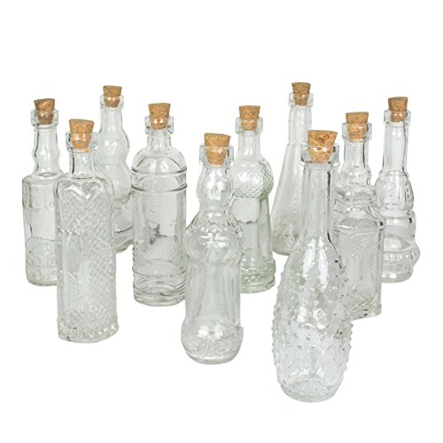 Vintage Glass Bottles with Corks, Bud Vases, Assorted Shapes, 5 Inch Tall, Set of 10 Bottles, (Clear)