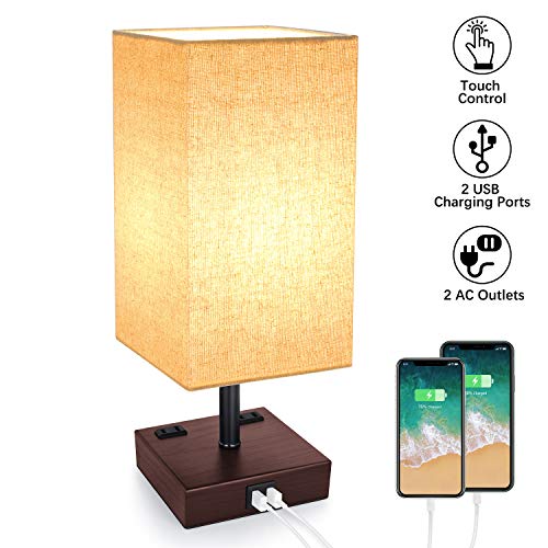 USB Table Lamp, 3-Way Dimmable Touch Control Lamp with 2 USB Charging Ports and 2 AC Outlets, Modern Bedside Lamp Nightstand Lamp for Bedroom Living Room Office, 60W Vintage LED Bulb Included