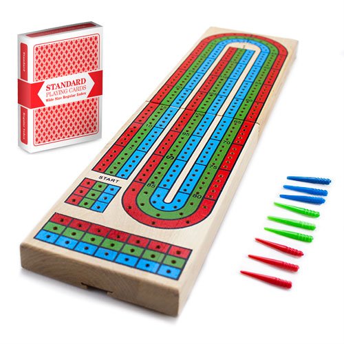 Cribbage – Traditional Wooden Board Game, Classic 3-Track Layout & Plastic Pegs with Free Deck of Playing Cards by Brybelly