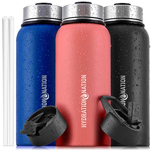 Hydration Nation (40oz) Vacuum Insulated Water Bottle - Durable Metal Water Bottle For Sports & Outdoor - Thermo Stainless Steel Water Bottle With Straw & 3 Lids For Hot & Cold Drinks (Peach)