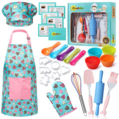 RISEBRITE Real Kids Baking Set for Girls – 35 Pcs Gift Set Includes Kids Apron, Chef Hat, Oven Mitt, Real Baking Tools and Recipes for The Curious Young Junior Chef (Pink Hearts)