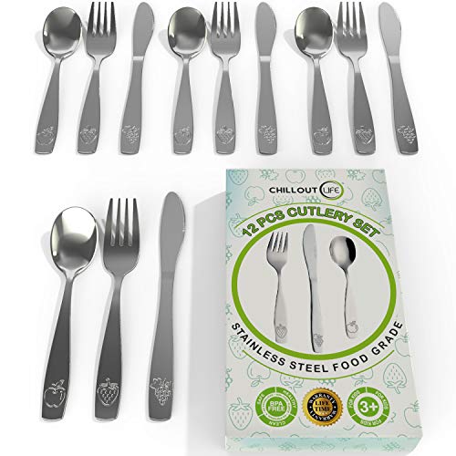 12 Piece Stainless Steel Kids Silverware Set - Child and Toddler Safe Flatware - Kids Utensil Set - Metal Kids Cutlery Set Includes 4 Small Kids Spoons, 4 Forks & 4 Knives