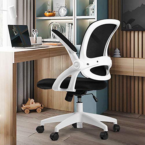 Comhoma Office Chair Ergonomic Desk Chair Mesh Computer Chair with Flip Up Armrest,Mid Back Task Home Office Chair,Swivel Chair with Smooth Casters,White&Black