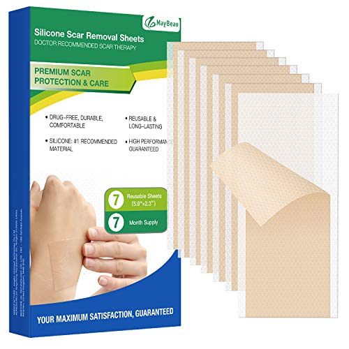 MayBeau Silicone Scar Sheets, 7 PCS Sheets (7 Month Supply) Medical Silicone Scar Patch for Soften and Flattens Old & New Scars on Keloid Surgery Injury Burns Acne C-Section Scars and More (5.9'×2.3')
