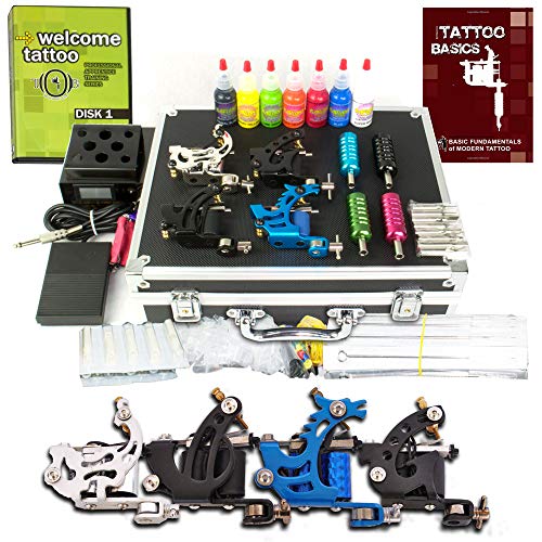 Grinder Tattoo Kit by Pirate Face Tattoo / 4 Tattoo Machine Guns - Power Supply / 7 Ink by Radiant Colors - Made in The USA/LCD Power Supply / 50 Needles/Plus Accessories