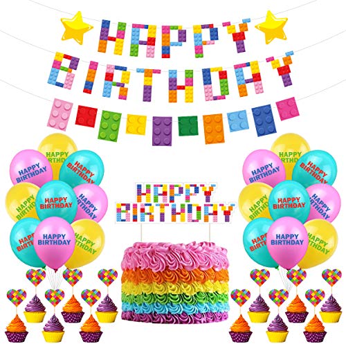 Building Block Birthday Party Supplies Includes Happy Birthday Banner, Building Block Banner Garlands, Cake Toppers and Latex Balloons for Boys Girls Brick Block Themed Party Supplies Favors