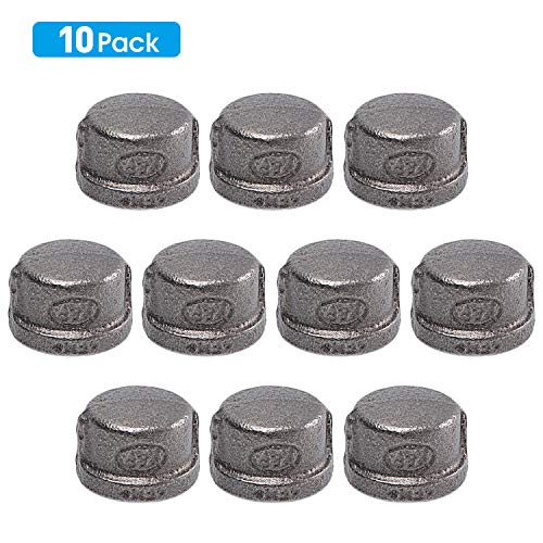 1/2' Pipe Fitting Cap, Home TZH 10 Pack 1/2' Black Malleable Iron Cast Pipe Caps for Steam-punk Vintage Shelf Bracket DIY Plumbing Pipe Decor Furniture(10, 1/2')