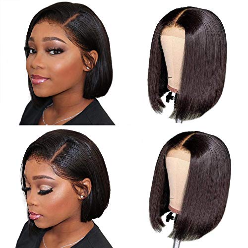 Short Bob Wigs Human Hair Lace Closure Wigs Brazilian Virgin Human Hair Straight Bob lace Front Wigs For Black Women Pre Plucked with Baby Hair Natural Black (8inch)