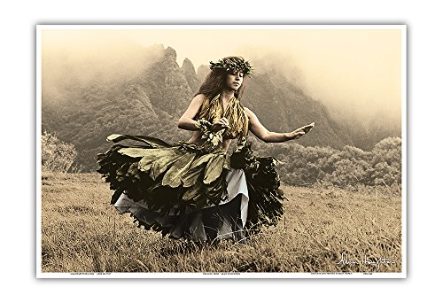 Swaying Skirt - Hawaiian Hula Dancer in Ti Leaf Skirt - Vintage Sepia Toned Photograph by Alan Houghton c.1960s - Master Art Print 13in x 19in