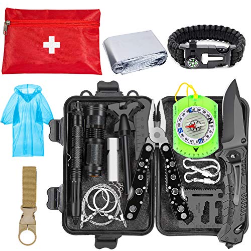Emergency Survival Kit 37 in 1, Survival Gear Tool Kit SOS Survival Tool Emergency Blanket Tactical Pen Flashlight Pliers Wire Saw for Wilderness Camping Hiking First Aid Survival Kit for Earthquake