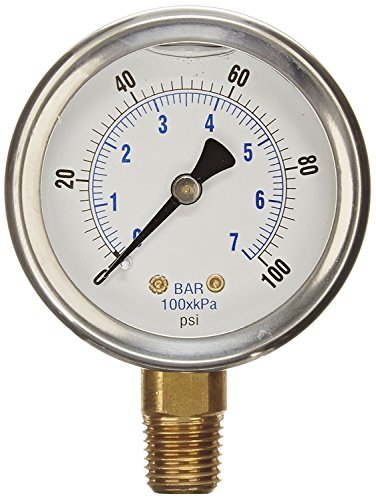 NEW STAINLESS STEEL LIQUID FILLED PRESSURE GAUGE WOG WATER OIL GAS 0 to 100 PSI LOWER MOUNT 0-100 PSI 1/4' NPT 2.5' FACE DIAL FOR COMPRESSOR HYDRAULIC AIR TANK