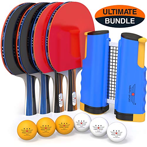 NIBIRU SPORT Professional Ping Pong Paddle Set with Retractable Net (Bracket Clamps), Balls, and Posts (4-Star) Regulation Table Tennis Accessories, Advanced Home Indoor or Outdoor Play, Storage Case