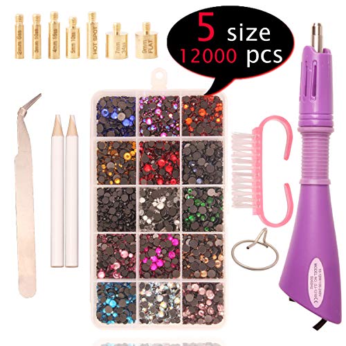 Hotfix Rhinestone Applicator Tool DIY Flatback Wand Setter Tool Kit with 5 Different Sizes Tips, Tweezers & Brush Cleaning Kit and 12000pcs Pack