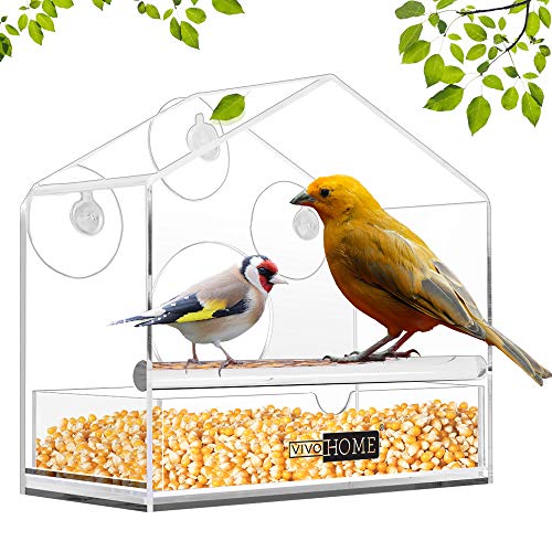 VIVOHOME Acrylic Squirrel Proof Clear Window Bird Feeder with Strong Suction Cups and Sliding Seed Tray