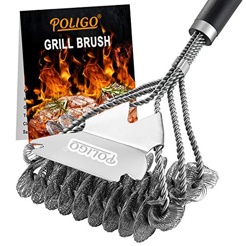 POLIGO BBQ Grill Cleaning Brush Bristle Free & Scraper - Triple Helix Design Barbecue Cleaner - Non-Bristle Grill Brush and Scraper Safe for Gas Charcoal Porcelain Grills - Ideal Grill Tools Gift