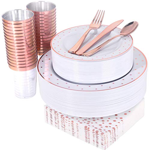 WELLIFE 350 PCS Rose Gold Plastic Dinnerware, Disposable Dot Plates, Ideal for Wedding & Party, Include: 50 Dinner Plates, 50 Dessert Plates, 50 Forks, 50 Knives, 50 Spoons, 50 Cups, 50 Dot Napkins