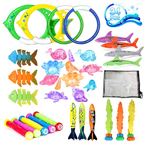 34 Pack Diving Pool Toys Sinking Swimming Training Pool Swim Toys Dive Rings Sticks Torpedo Bandits Shark Toy Diving Fish Under Water Treasures Games Summer Toys Gift Set for Kids Boys Girls Ages 3+