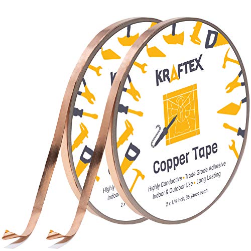 Copper Foil Tape [2 Huge Rolls] (1/4inch X 36yd Each) 72 Yard Pack with Conductive Adhesive - Stained Glass, Soldering, Electrical Repair, Grounding, EMI Shielding - Extra Value Pack- Thicker Foil