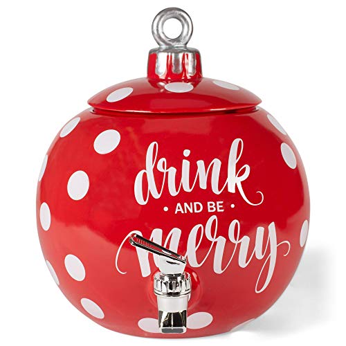 Drink and Be Merry Ball Ornament Rosy Red 11 x 11 Dolomite Ceramic Holiday Beverage Dispenser