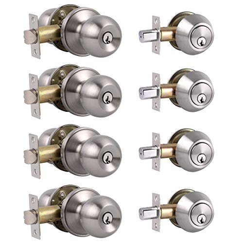 4 Pack Keyed Alike Entry Door Knobs and Single Cylinder Deadbolt Lock Combo Set Security for Entrance and Front Door with Classic Satin Nickel Finish