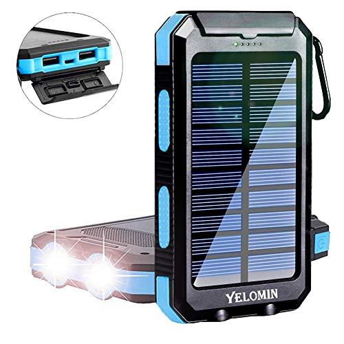 Solar Power Bank,Yelomin 20000mAh Portable Outdoor Mobile Charger,Camping External Backup Battery Pack Dual USB 5V 1A/2A Outputs 2 Led Light Flashlight with Compass