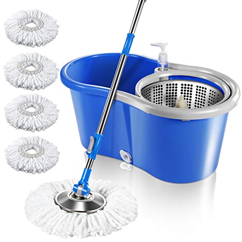 MASTERTOP Easy Wring Spin Mop & Bucket System -360 Spin Mop & Bucket Floor Cleaning, Stainless Steel Mop Bucket with Wringer Set, 4 Microfiber Replacement Head Refills