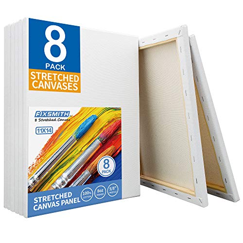 FIXSMITH Stretched White Blank Canvas- 11x14 Inch,Bulk Pack of 8,Primed,100% Cotton,5/8 Inch Profile of Super Value Pack for Acrylics,Oils & Other Painting Media