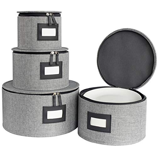 China Storage Box Set for Dinnerware,Dishes Storage Containers for Saucers, Dinner and Salad Plates Protects,Hard Shell and Stackable with Lable Window,48Pcs Felt Plate Dividers Included,Set of 4-Grey