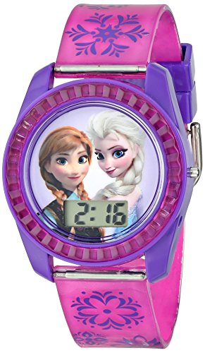 Disney's Frozen Kids' Digital Watch with Elsa and Anna on the Dial, Purple Casing, Comfortable Pink Strap, Easy to Buckle, Safe for Children - Model: FZN3598