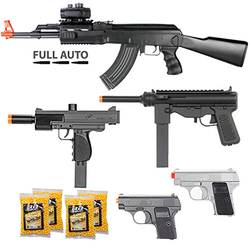 BBTac Airsoft Gun Package - Guerilla Collection of 5 Airsoft Guns - Full Auto AK AEG Electric Airsoft Rifle, Skorpion, Uz and Dual Mini Pistols, 4000 BB Pellets, Great for Starter Pack Game Play
