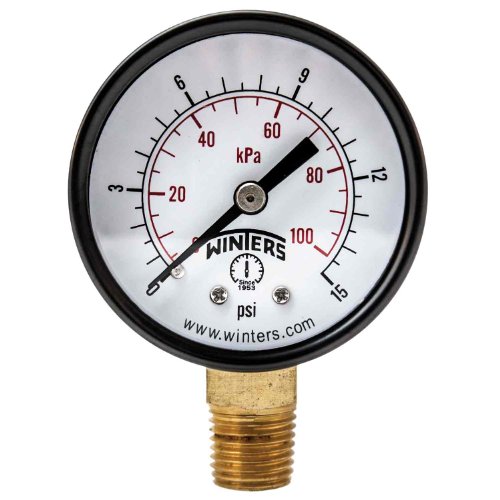 Winters PEM Series Steel Dual Scale Economy Pressure Gauge, 0-15 psi/kpa, 2' Dial Display, +/-3-2-3% Accuracy, 1/4' NPT Bottom Mount