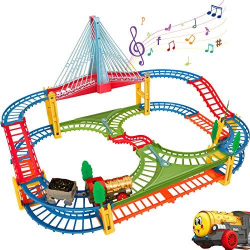 BeebeeRun Kids Car Race Track Set, Flexible Train Tracks for Toddlers with Musical Bridge and LED Electric Train Set, Car Track Toys for Boys and Girls