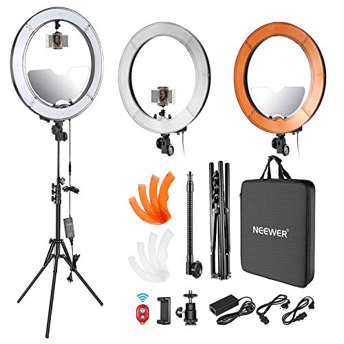 Neewer LED Ring Light 18-inch Outer Diameter with Top/Bottom Dual Hot Shoe, Mirror, Smartphone Holder, Light Stand, Soft Tube, Color Filter for Makeup Facial Beauty Portrait Video Shooting(US Plug)