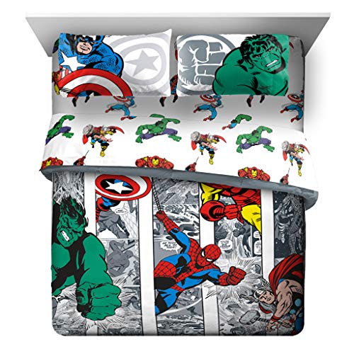 Jay Franco Marvel Avengers Comic Cool 7 Piece Queen Bed Set - Includes Comforter & Sheet Set - Bedding Features Captain America, Spiderman, Iron Man, Hulk, Thor - Super Soft (Official Marvel Product)