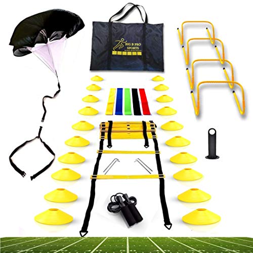 Big B Pro Sports Speed Agility Training Set - Includes Ladder, 20 Cones with Holder, Running Parachute, Jump Rope, Resistance Bands, and Hurdles for Training Football, Soccer, and Basketball Athletes