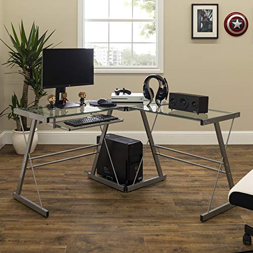 Walker Edison Furniture Company Modern Corner L Shaped Glass Computer Writing Gaming Gamer Command Center Workstation Desk Home Office, Single, Silver