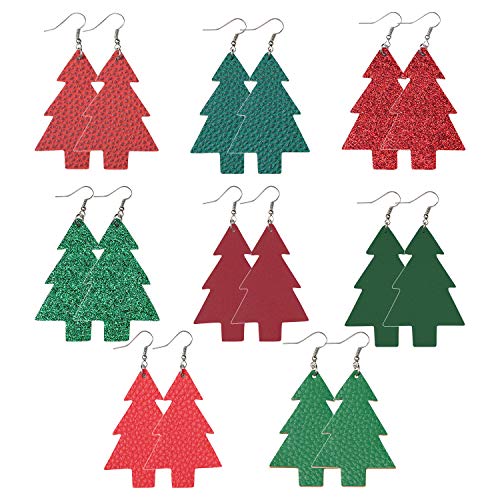 Vanjewnol 8 Pairs Christmas Tree Earrings Set Lightweight Faux Leather Earrings with Front and Back Patterned Statement Earrings Dangle Earrings for Women Girls