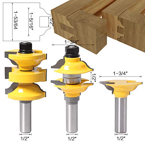 DBoyun 3pcs/Set Classical Extended Tenon Entry Door Rail and Stile Router Bit Set Woodworking Milling Cutter Door Frame Tenon and Knives Cutting with 1/2' Shank