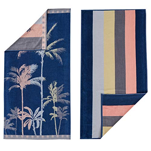 100% Cotton 2-Pack Beach Towel. Soft Absorbent Quick Dry Towel Set. Playa Collection. (30' x 60', Palm Trees / Stripe)