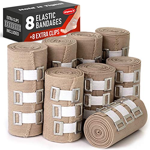Premium Elastic Bandage Wrap - 8 Pack + 8 Extra Clips - Durable Compression Bandage (4X - 3 inch, 4X - 4 inch Rolls) Stretches up to 15ft in Length