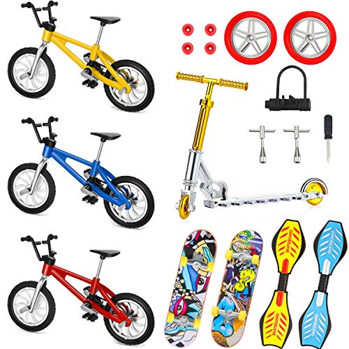 18 Pieces Mini Finger Toys Set Finger Skateboards Finger Bikes Scooter Tiny Swing Board Fingertip Movement Party Favors Replacement Wheels and Tools