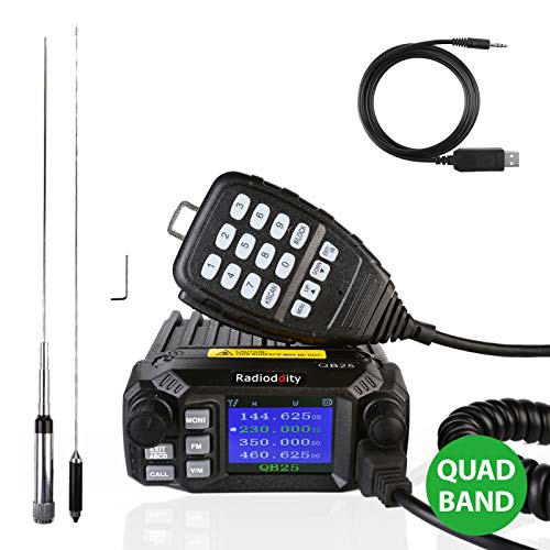 Radioddity QB25 Pro Quad Band Quad-Standby Mobile Ham Amateur Radio Transceiver Car Truck Vehicle Radio, VHF UHF 25W with Cable + 50W High Gain Quad Band Antenna