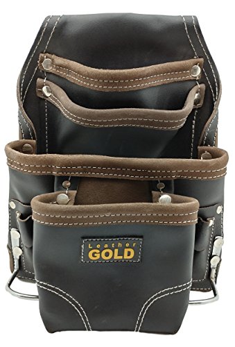 Leather Gold Heavy Duty Tool Pouch | Carpenters Tool Pouch 3150, Black, Oil-Tanned, 10 Pockets, 2 Hammer Holders, Reinforced Seams