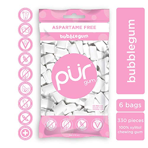 PUR 100% Xylitol Chewing Gum, Bubblegum, Sugar-Free + Aspartame Free, Vegan + non GMO, 55 Count (Pack of 6)