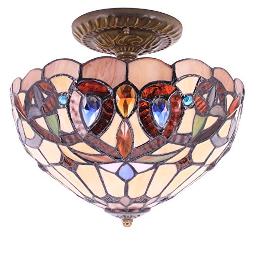 Tiffany Ceiling Light Fixture W12H11 Inch Semi Flush Mount Stained Serenity Victorian Lampshade 2E26 Antique Style WERFACTORY S021 Series Art Lamps Entry Kitchen Island Bar Hallway Dining Room Loft